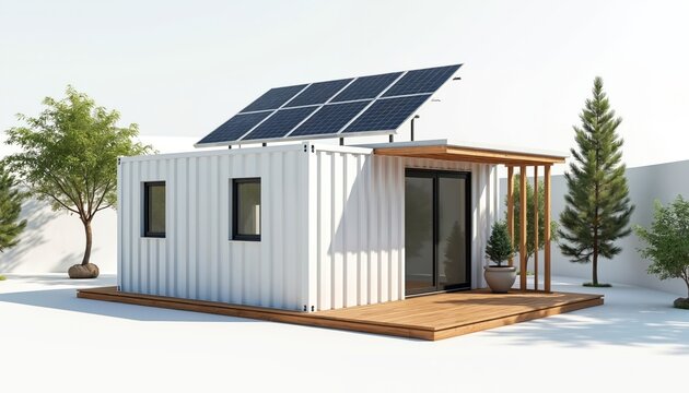 Modern white container home with solar panels on roof. Minimalist prefab dwelling has wooden deck outside. Eco friendly house stands on clean white background.
