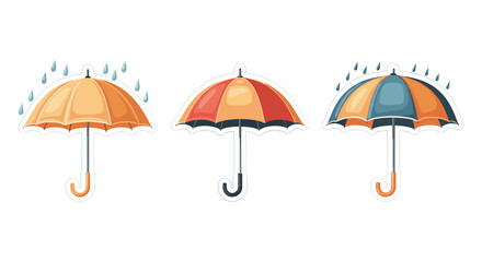 Obraz premium Three colorful umbrellas protecting from falling raindrops in a cartoon style