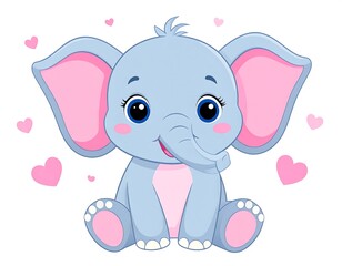Obraz premium Adorable cartoon baby elephant sitting, surrounded by pink hearts, cheerful illustration