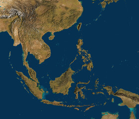 3D illustration of a highly detailed map of Southeast Asia. Satellite view. Elements of this image furnished by NASA.