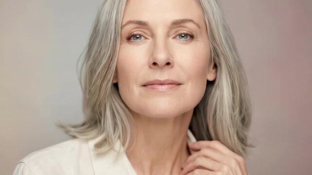 55 years old | A serene portrait of a mature woman with gray hair, gently smiling. She gazes thoughtfully at the viewer, dressed in a light-colored shirt against a soft background
