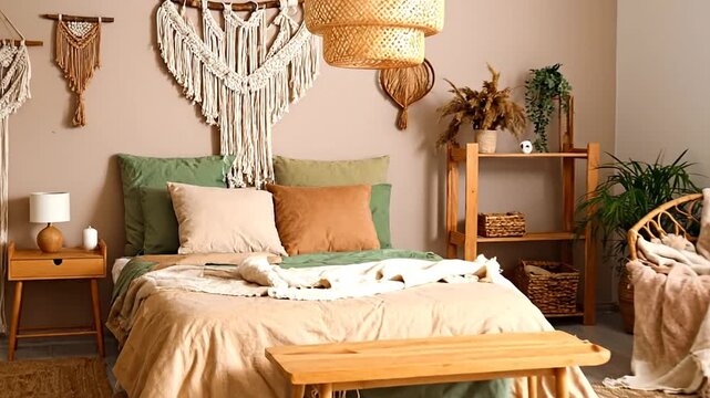 Cozy boho-style bedroom featuring macrame wall hangings, natural wood furniture, plants, and earth tones