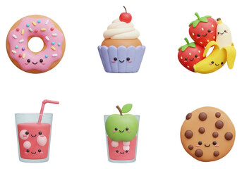 Cute 3d Food Character Pack for Kids Designs, Cut Out, Clipping Path, Isolated on a Transparent PNG Background.