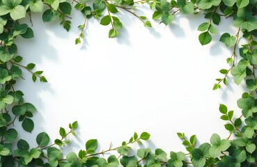 Fototapeta premium Green ivy branches with leaves frame white space. Nature element for design, greeting cards, invitations. Organic growth, springtime background, fresh green plants.
