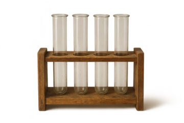Laboratory test tubes in wooden rack on transparent background image.