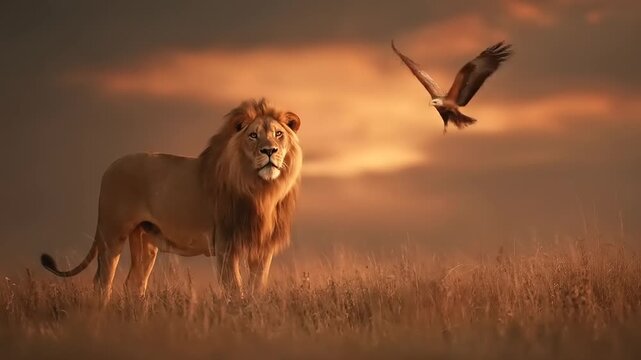 Majestic lion stands watching eagle fly at sunset horizon