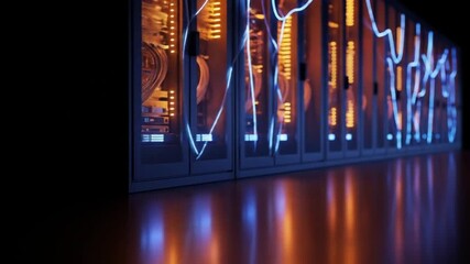Rows of server racks glow with blue data lines and amber components in a dark room - Powered by Adobe