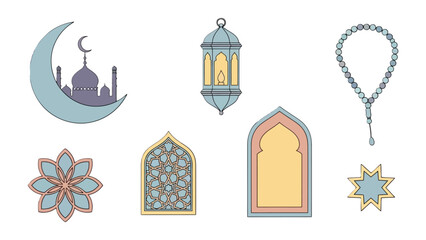 Islamic Illustration: A collection of meticulously crafted Islamic symbols and design elements, each piece echoing the spirit of tradition and spirituality. A visual ode to heritage and faith.