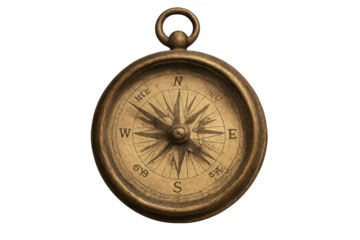 Vintage gold compass on transparent background, navigational guidance