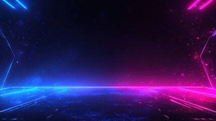 Futuristic neon glowing lines abstract background with blue and pink light, virtual stage, empty studio, or room for product showcase