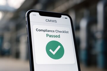 Naklejka premium Smartphone displaying digital compliance checklist passed result in factory.