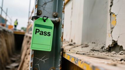 Green safety pass tag attached to metal scaffolding on construction site. Space for text.