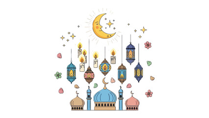 Ramadan Decoration: A vibrant display of festive lanterns, crescent moon and stars, and decorative candles, evoking a sense of celebration and spirituality.