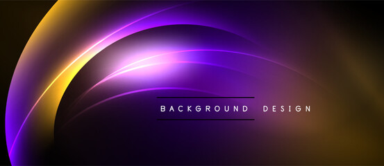 Abstract neon curves create dynamic background. Purple, gold hues blend, forming elegant visual effect. Text reads background design.