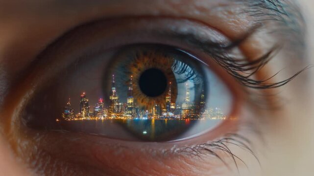 Close-up of a human eye with a vibrant illuminated city skyline reflecting in the iris, symbolizing urban vision and future technology.