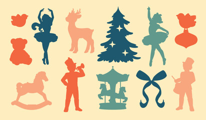 A collection of simple vintage Christmas silhouettes, including a rocking horse and carousel. Classic Noel graphic clip art for winter holiday projects.