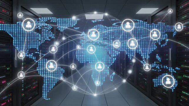 Digital world map with expanding global network and user connections superimposed on server racks in a data center, depicting technological infrastructure.