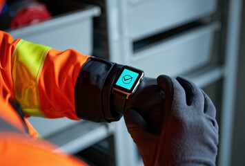 Industrial worker in safety gear checking green confirmation icon on smartwatch.