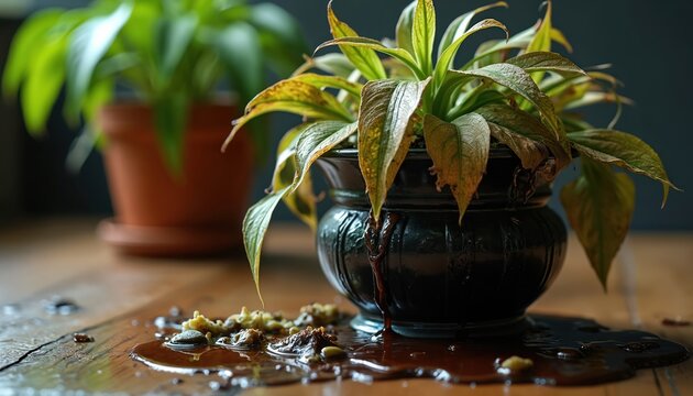 Indoor plant with brown dying leaves drips dark water onto wooden surface. Overwatering causes root rot and wilting. Plant needs care and proper drainage.