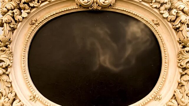 Ornate, cream-colored oval mirror with a decorative, carved frame. Black center