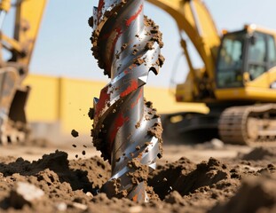 Heavy industrial auger drill bit boring into soil with yellow machinery background.