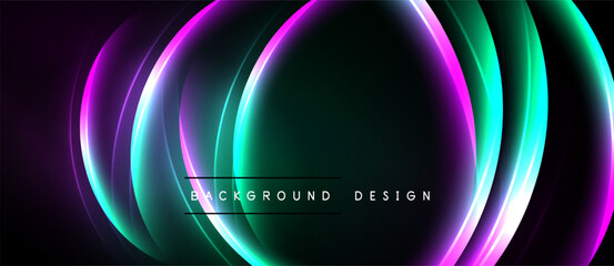 Abstract neon circles overlap dark background. Vibrant colors create dynamic visual effect. Modern design element for digital projects.