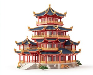 Obraz premium Intricate 3D pagoda on a white backdrop with red, gold and dark blue features