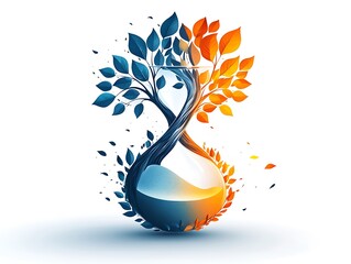 Hourglass with blue and orange trees and falling leaves on white time nature