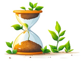 Hourglass with growing green plants and soil on white background time growth