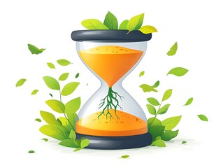 Hourglass with growing plant and falling leaves on white background sand timer time