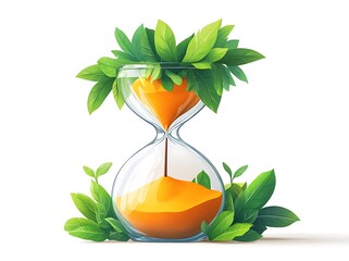 Hourglass with orange sand and green leaves on white background time clock