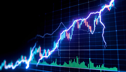 Futuristic stock market concept with neon lightning striking a glowing digital chart, symbolizing financial energy and volatility 2