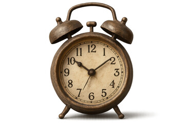 Old alarm clock with transparent background, ticking slowly, aged brass.