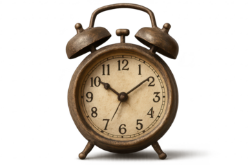 Old alarm clock with transparent background, ticking slowly, aged brass.