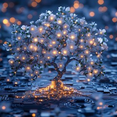 Illuminated white blossom tree with glowing orange lights on circuit board flower