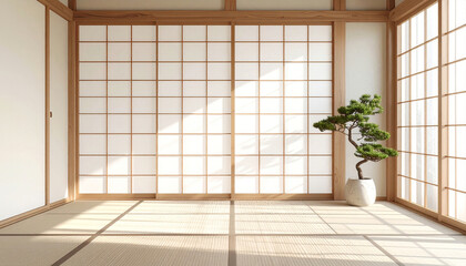 Minimal Japanese Room with Bonsai　Soft Natural Light Through Shoji Screen, Zen Interior Background