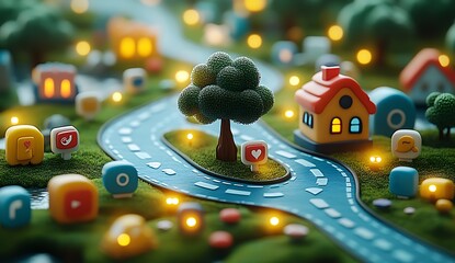 Miniature cartoon village with winding road and glowing lights miniature village toy houses