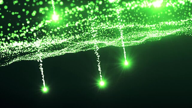 Abstract green fiber optics pattern with light spots illustrates futuristic digital technology and data internet concept