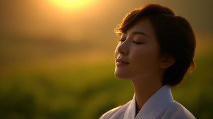 Serene woman meditating peacefully during a golden sunset outdoors