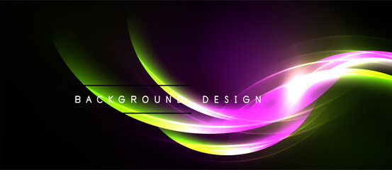 Bright abstract waves, purple, green, pink hues. Dynamic smooth lines create modern background design. Elegant, vibrant, stylish.