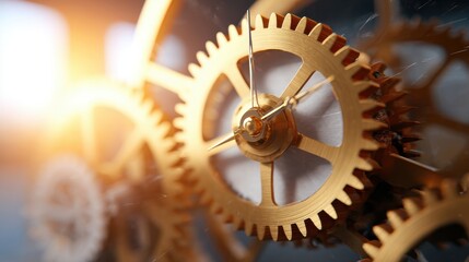 Intricate golden gears mesmerizingly rotating in warm radiant light