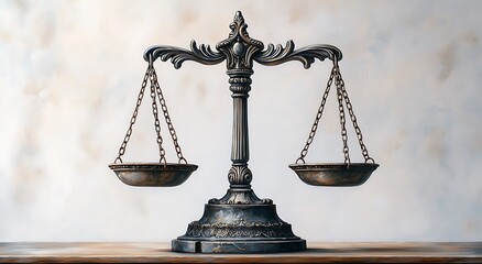 Ornate antique metal balance scale with empty pans on wooden surface justice scale weighing instrument