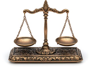 Ornate bronze balance scales with floral engraved base on white justice scales weighing scales