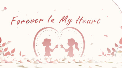 Fototapeta premium Two girls silhouettes surrounded by heart shape with flowers and leaves on white background