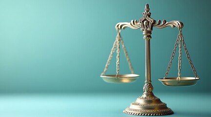 Ornate Golden Scales of Justice on Teal Background balance legal