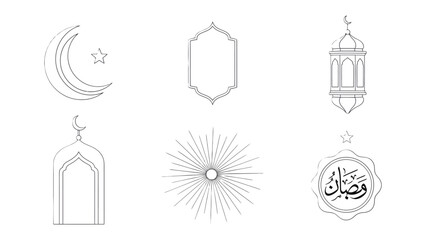 Ramadan Symbolic Set: A collection of meticulously crafted, elegant line art illustrations, each embodying the spirit and essence of the holy month of Ramadan.