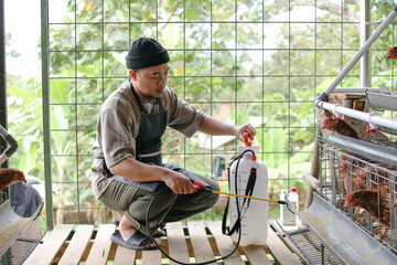 Farmers Diligently Disinfect Chicken Coops with Sprayers to Ensure Healthy Poultry © Gatot