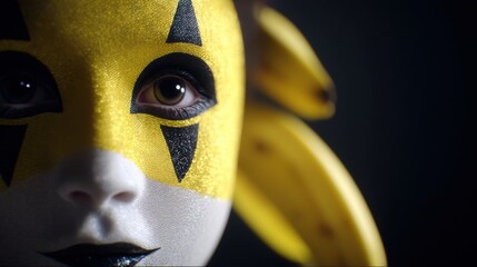 Striking yellow and black detailed mask with intense eye expression