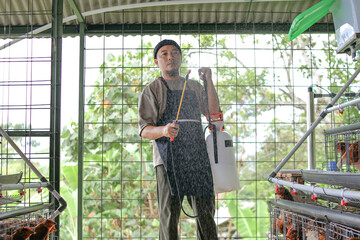 Specialist Farmers Spray Disinfectant in Chicken Coops to Ensure Healthy Poultry Farming