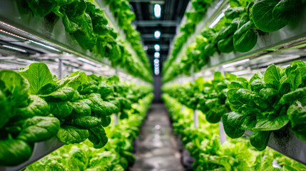 High-tech hydroponic farm growing lush green lettuce in vertical rows with efficient water distribution systems and studio quality lighting